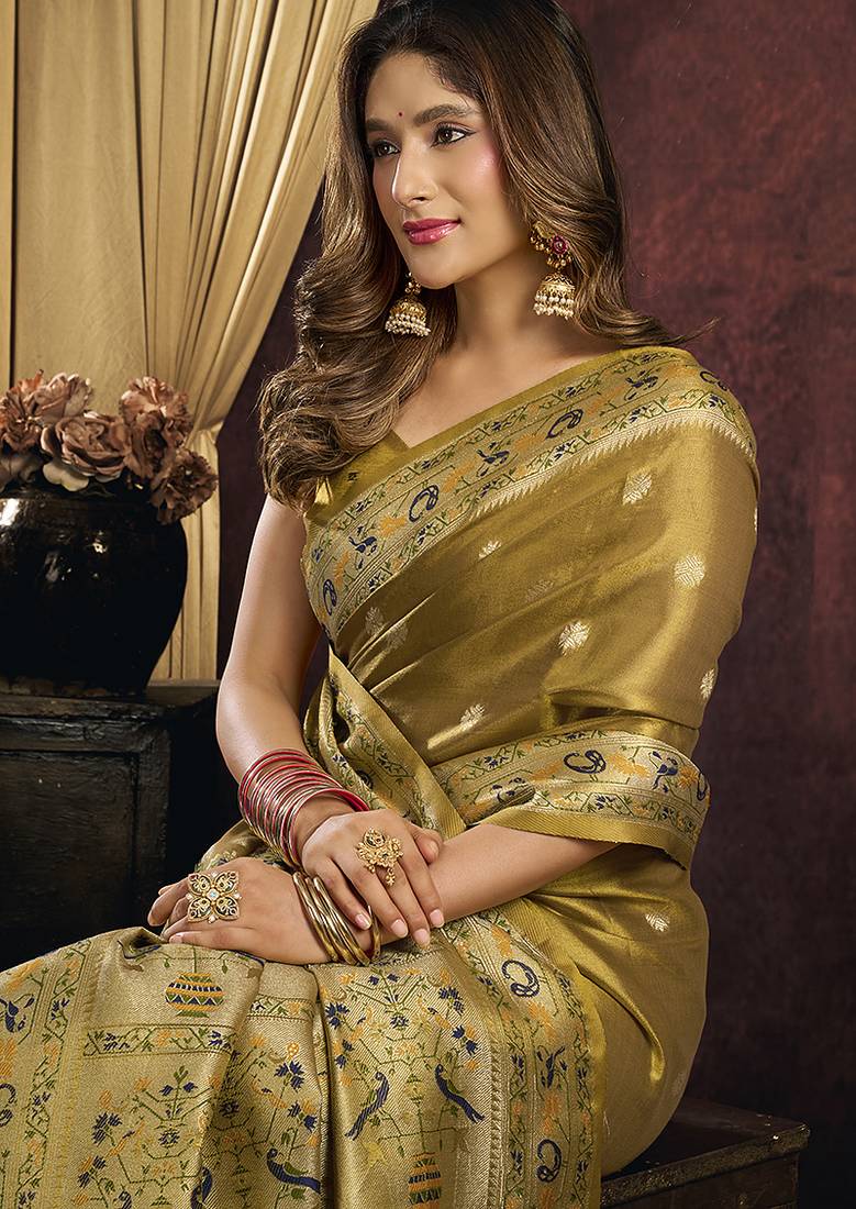 Olive gold silk blend saree with paithani weaving border