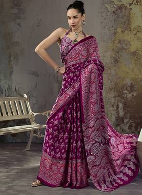 magenta purple faux satin printed saree 1