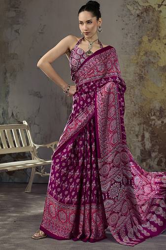 magenta purple faux satin printed saree