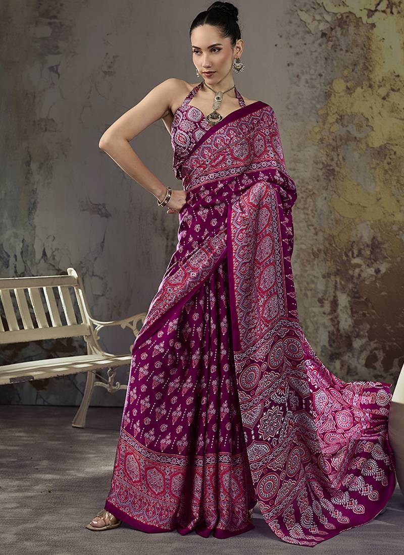 magenta purple faux satin printed saree