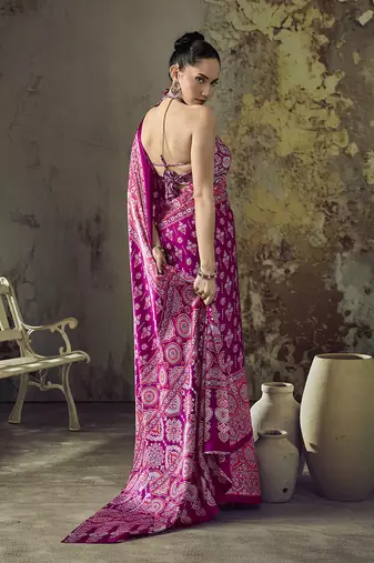 magenta purple faux satin printed saree