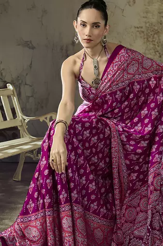 magenta purple faux satin printed saree