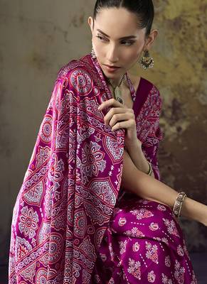 magenta purple faux satin printed saree 4