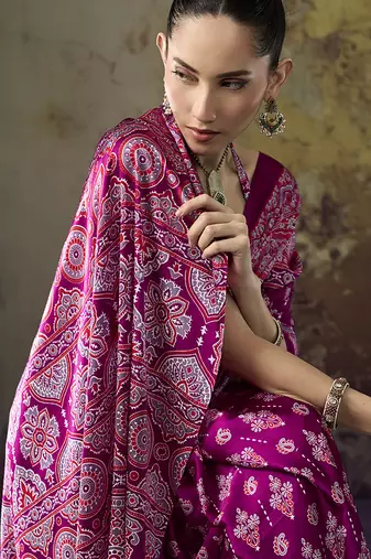 magenta purple faux satin printed saree