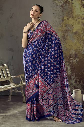 navy blue faux satin printed saree