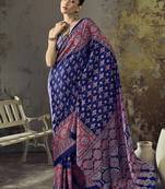 navy blue faux satin printed saree