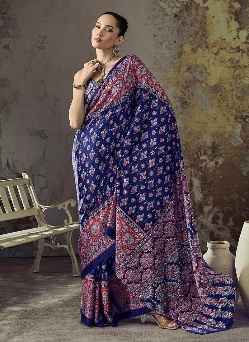 navy blue faux satin printed saree