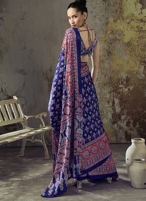 navy blue faux satin printed saree 2