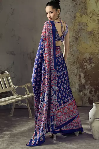 navy blue faux satin printed saree
