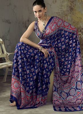 navy blue faux satin printed saree 3