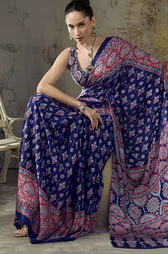 navy blue faux satin printed saree