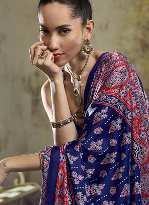 navy blue faux satin printed saree 4
