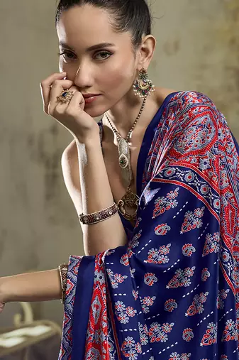 navy blue faux satin printed saree