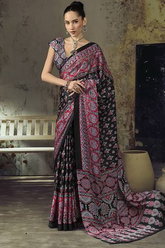 black faux satin printed saree