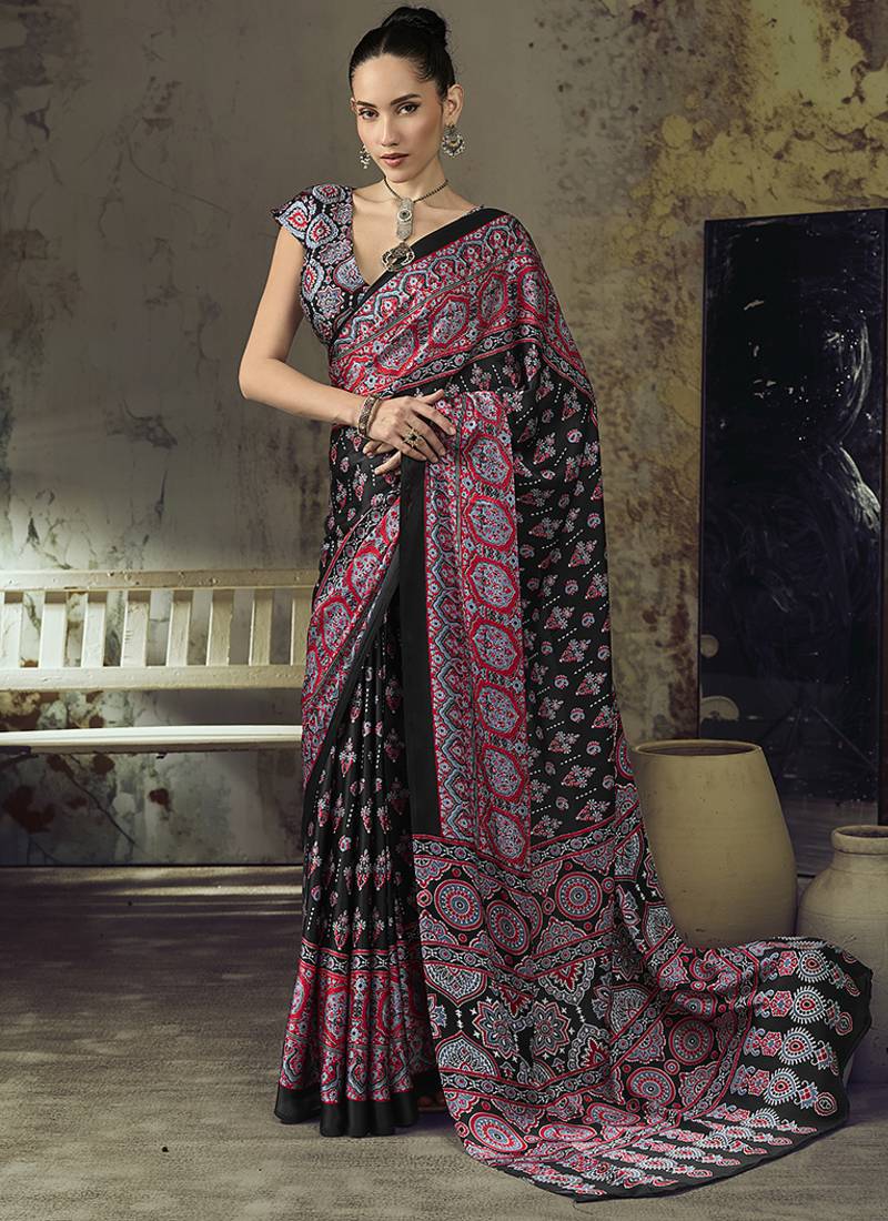 black faux satin printed saree