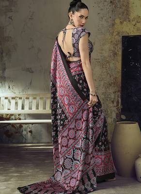 black faux satin printed saree 2