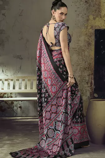 black faux satin printed saree