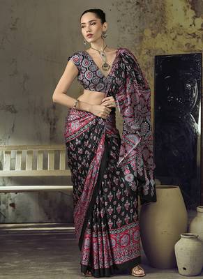 black faux satin printed saree 3