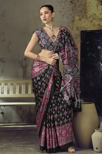 black faux satin printed saree