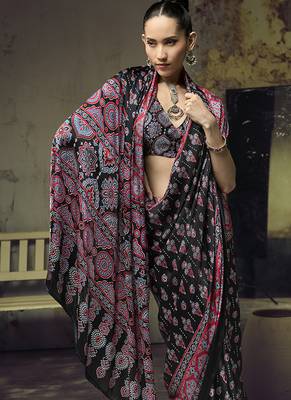 black faux satin printed saree 4
