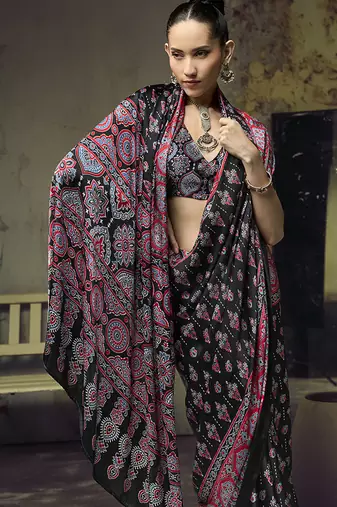 black faux satin printed saree