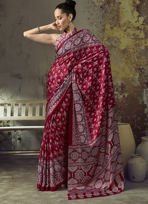 maroon red faux satin printed saree 1