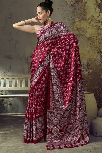 maroon red faux satin printed saree