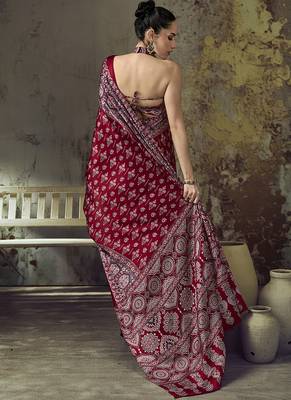 maroon red faux satin printed saree 2