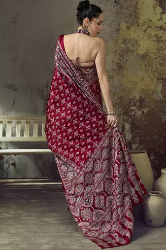maroon red faux satin printed saree
