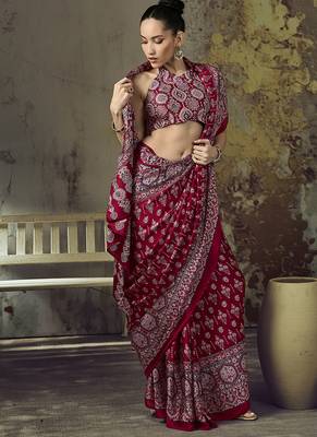 maroon red faux satin printed saree 3