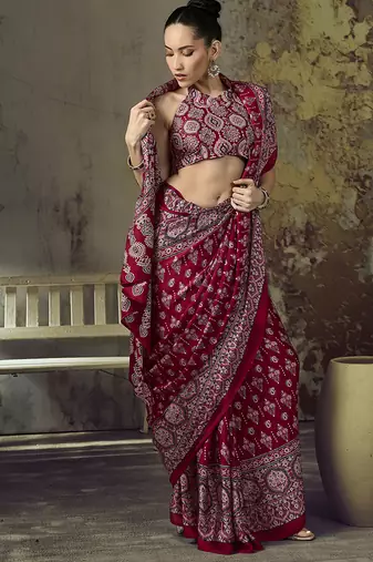 maroon red faux satin printed saree