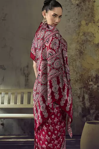 maroon red faux satin printed saree
