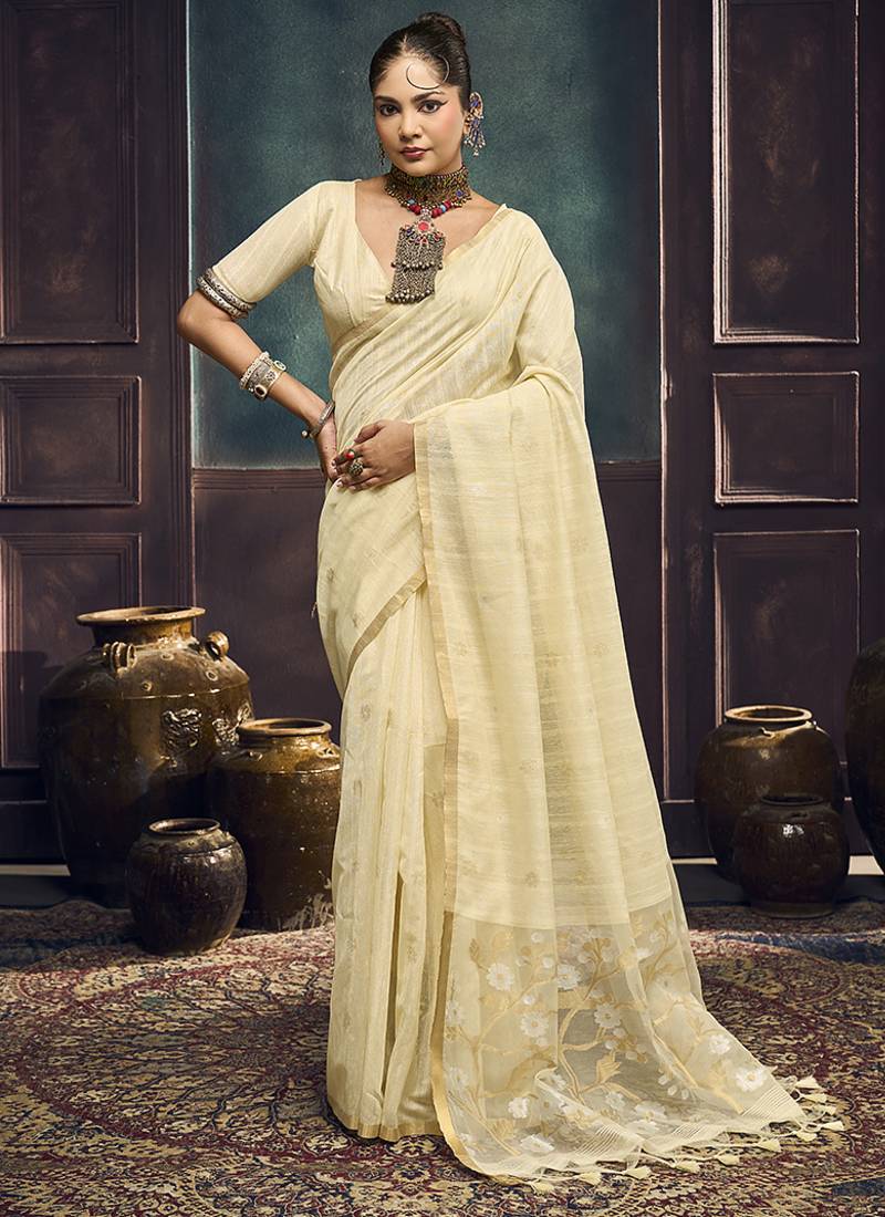Cream faux cotton handloom saree with golden border