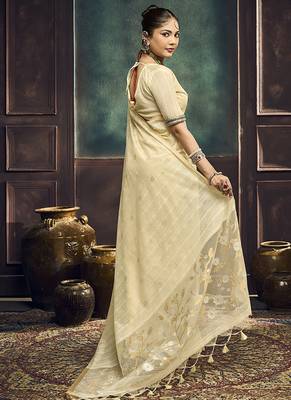 Cream faux cotton handloom saree with golden border 2