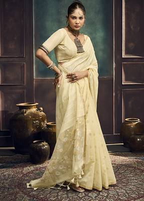 Cream faux cotton handloom saree with golden border 3