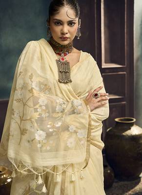 Cream faux cotton handloom saree with golden border 4