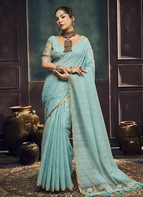 Sky blue faux cotton handloom saree with golden border 1