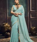 Sky blue faux cotton handloom saree with golden border