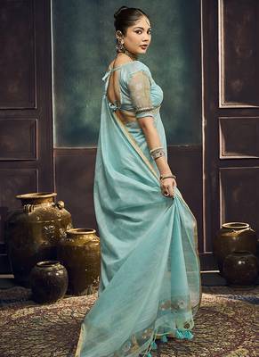Sky blue faux cotton handloom saree with golden border 2