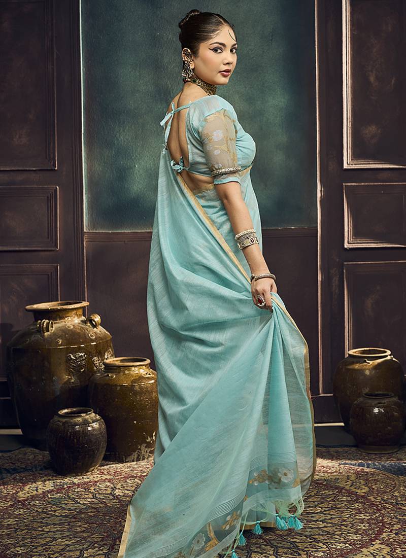 Sky blue faux cotton handloom saree with golden border