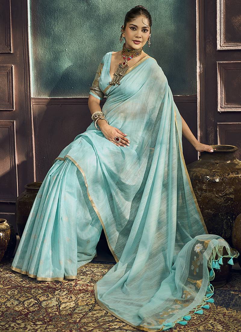 Sky blue faux cotton handloom saree with golden border
