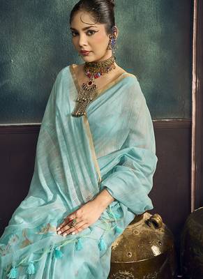 Sky blue faux cotton handloom saree with golden border 4