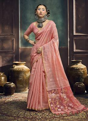 Pink faux cotton handloom saree with golden border 1