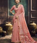Pink faux cotton handloom saree with golden border