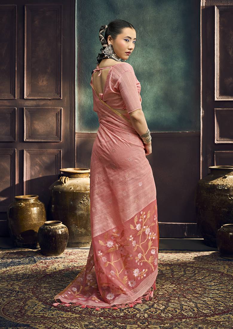 Pink faux cotton handloom saree with golden border