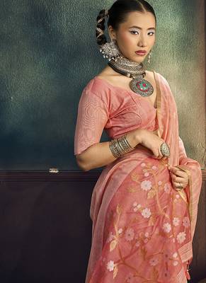 Pink faux cotton handloom saree with golden border 3