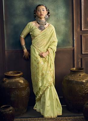 Light green faux cotton handloom saree with golden border 1