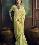 Light green faux cotton handloom saree with golden border
