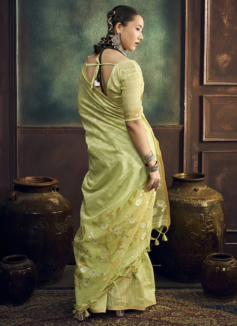 Light green faux cotton handloom saree with golden border