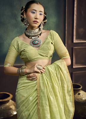 Light green faux cotton handloom saree with golden border 4